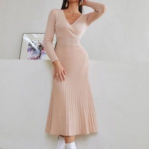 Women Pink Ribbed Knit Sweater Dress